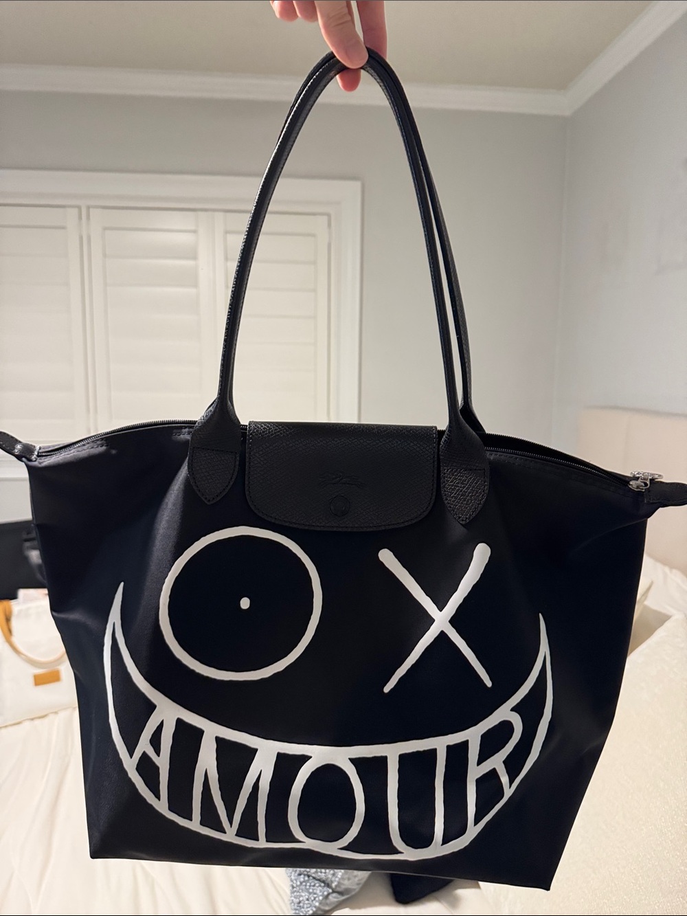 Longchamp Black Tote with White AMOUR Graphic - Picture 2 of 12